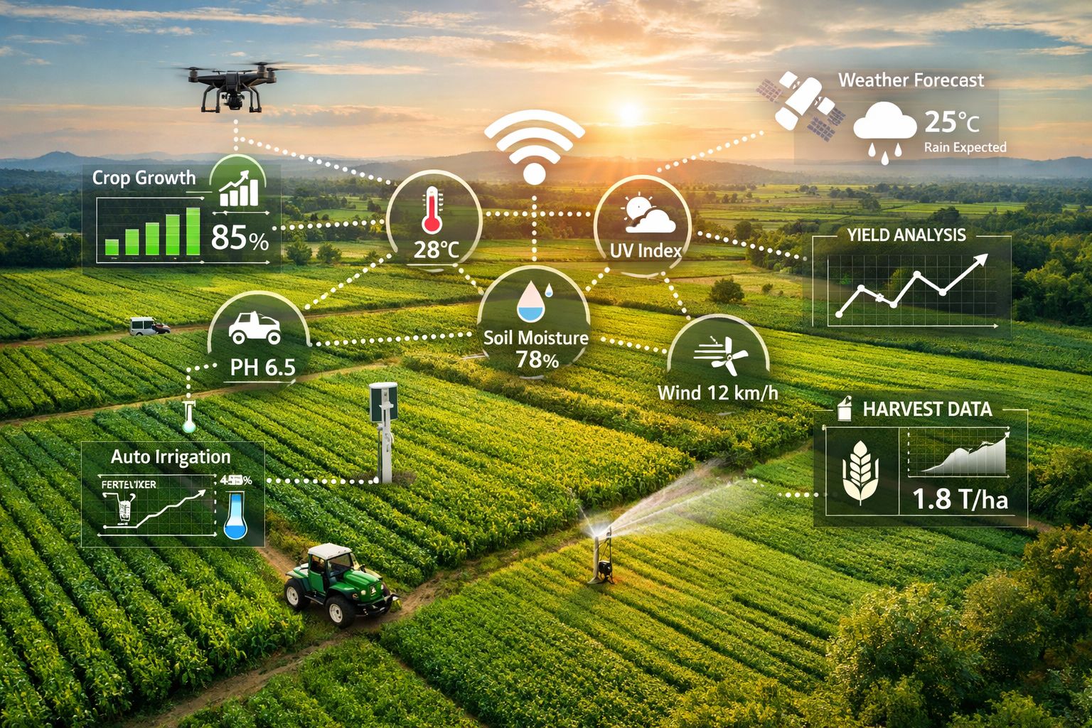 Aerial view of farmland or crop fields with IoT sensor/data overlay visuals